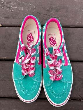 Vans SK8-Low Teal Pink Checkerboard Suede Sneakers
